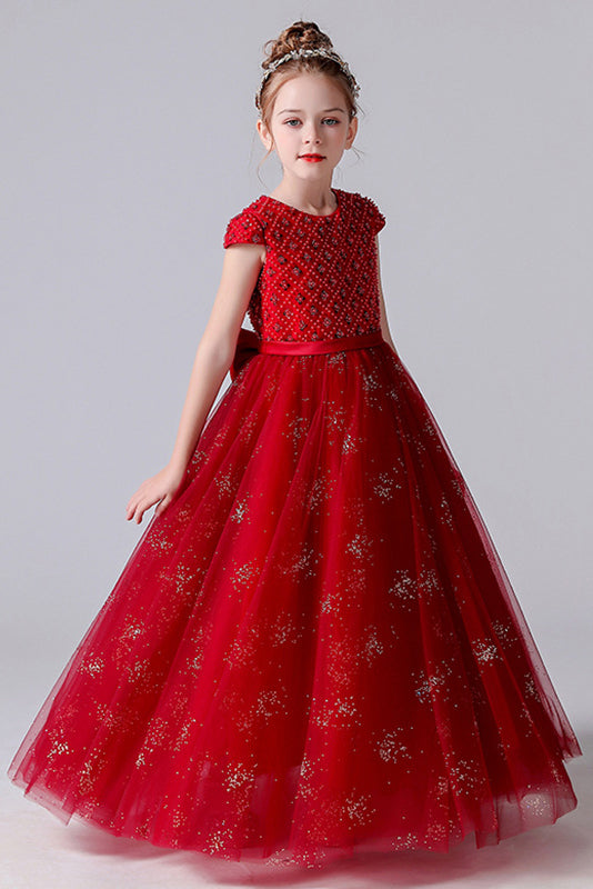 Red Cap Sleeves Tulle Flower Girl Dress With Beading