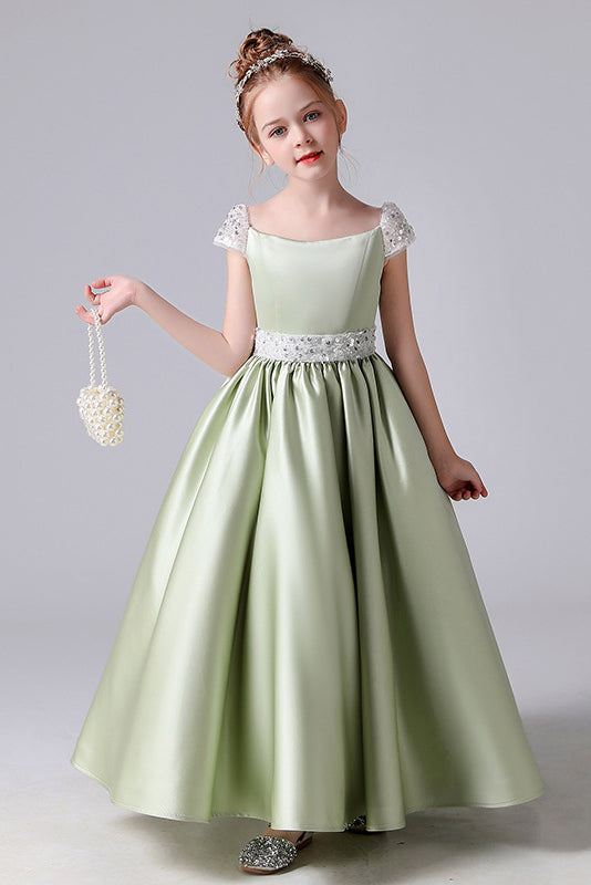 Cute A-Line Green Cap Sleeves Flower Girl Dress With Beading