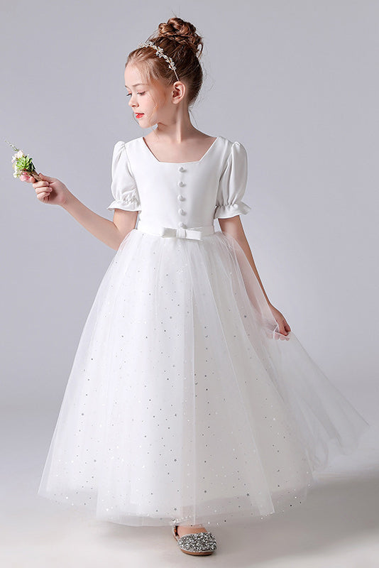 A-Line White Square Tulle Princess Flower Girl Dress With Belt