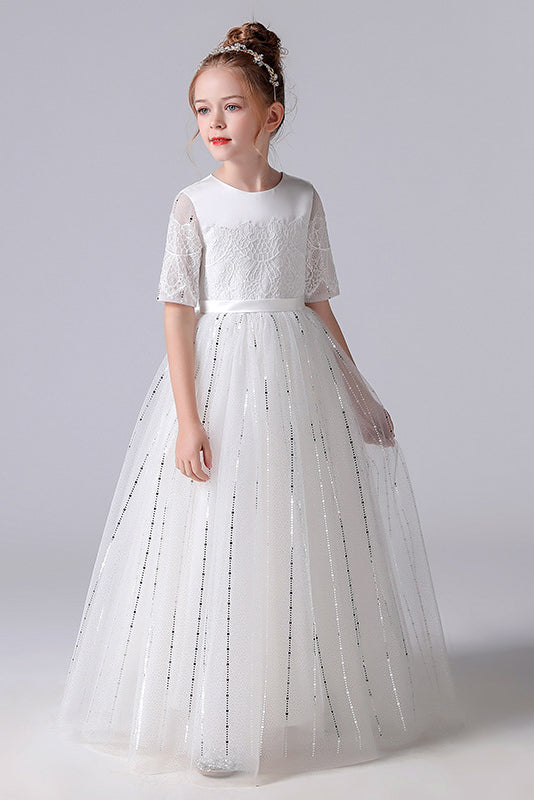 A-Line White Half Sleeves Tulle Princess Flower Girl Dress With Bow Belt