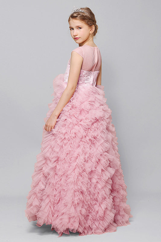 Beauty Princess Lace Cap Sleeves Tulle Flower Girl Gown