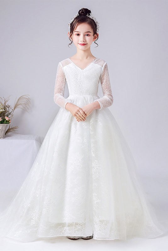 A-Line Elegant Long Sleeves Lace Flower Girl Dress With Bowknot A-Line Elegant Long Sleeves Lace Flower Girl Dress With Bowknot