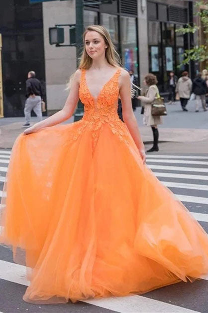 A Line Tulle Appliques Orange V Neck Prom Dress