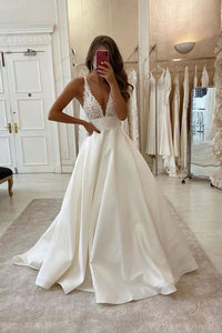 Deep V Neck Satin Lace Top Long Prom Dress Wedding Dress W707
