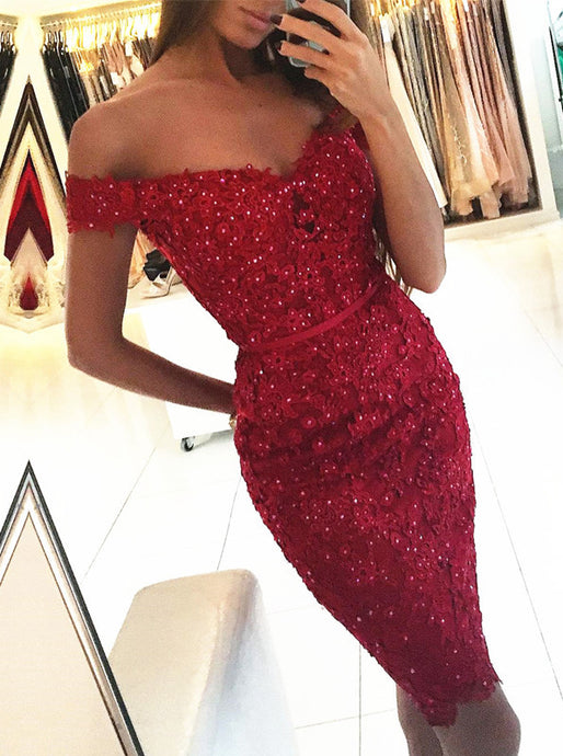 Tight Burgundy Off-Shoulder Lace Short Prom Dress Homecoming Dress