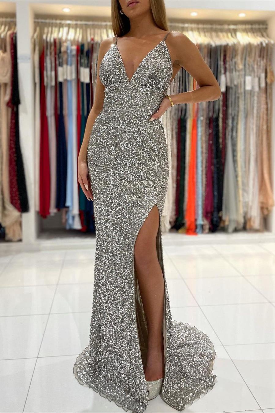 Spaghetti Strap Sparkly V-Neck Mermaid Prom dresses,Long Prom Dress AS127