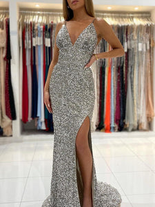 Spaghetti Strap Sparkly V-Neck Mermaid Prom dresses,Long Prom Dress AS127