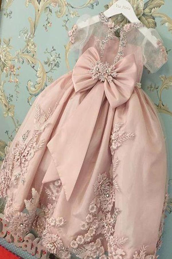 Pink Flower Girl Dress Scoop Neck Short Sleeves Tutu Gowns OF125