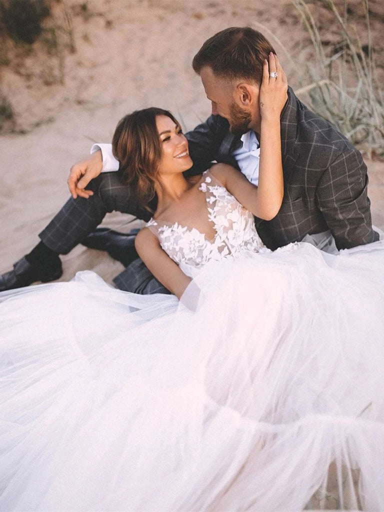 Unique Appliqued A-line V Neck Tulle Wedding Dresses With Chapel Train W709