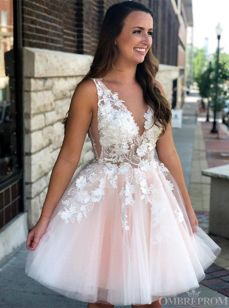 Princess V Neck Pink Short Prom Dress Tulle With Applique Homecoming D Princess V Neck Pink Short Prom Dress Tulle With Applique Homecoming D