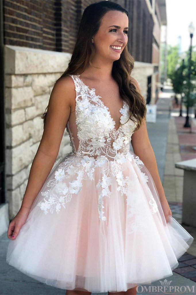 Princess V Neck Pink Short Prom Dress Tulle With Applique Homecoming Dress OM305