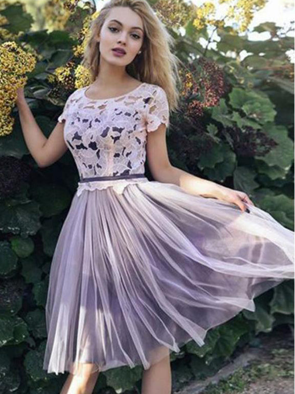 Cheap Short Sleeves Lace Bodice Tulle Short Homecoming Dress Party Dress OP149