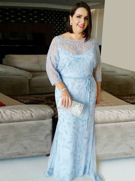 Long Sleeves Sheath Bateau Lace Plus Size Mother Of The Bride Dress with Sash