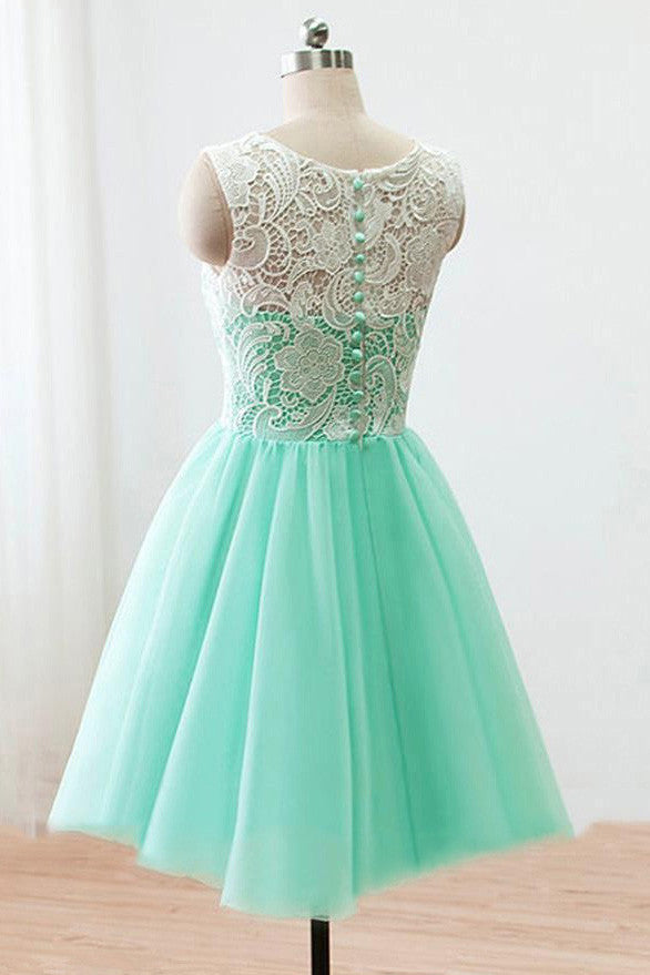 Lace Top Mint Green Tulle Homecoming Dress Short Junior Bridesmaid Dress OM227