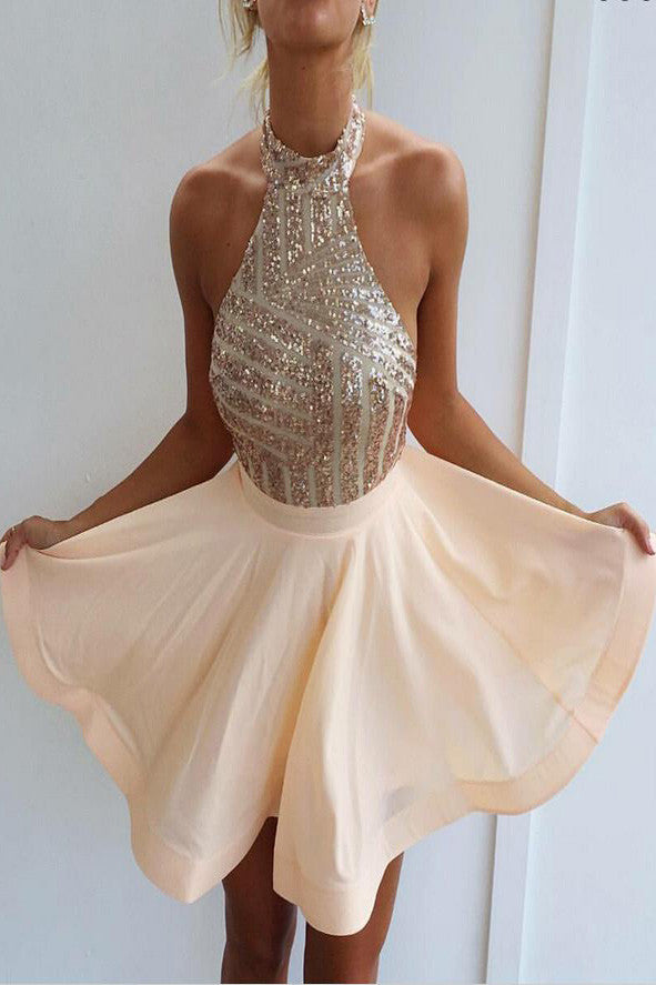 Sexy Sparkly Halter Short Prom Dress Backless Cocktail Party Dress UK OM229