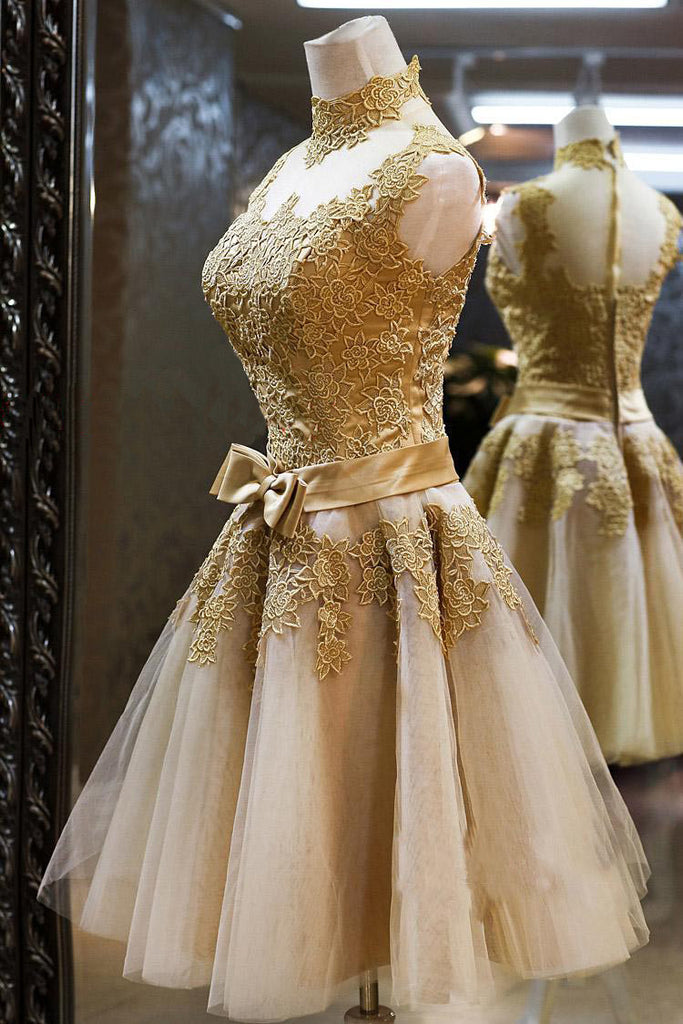Tulle High Neckline Gold Lace Appliques Knee Length Prom Party Dress OM224