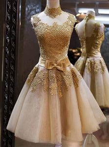 Tulle High Neckline Gold Lace Appliques Knee Length Prom Party Dress OM224