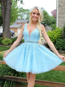 A-line V Neck Lace Appliques Short Prom Dresses Ice Blue Homecoming Dress OM223