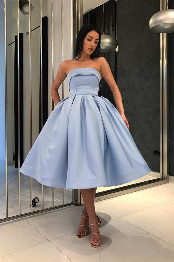 Simple Tea Length Light Blue Prom Dresses Strapless Homecoming Dress OM197