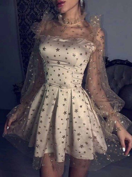 Starry Night Party Dress Tulle Long Sleeves Star Homecoming Dress OM207