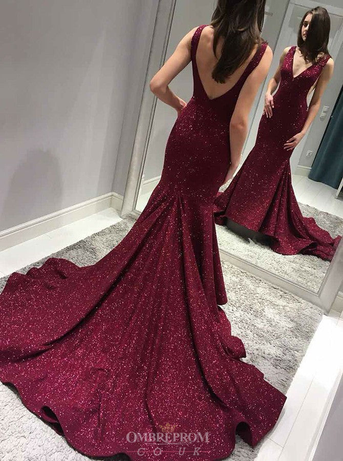 Buy Sparkly Mermaid Burgundy Prom Dresses V-Neck Backless Evening