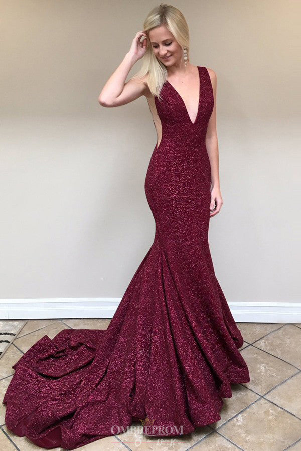 Sparkly Mermaid Burgundy Prom Dresses V-Neck Backless Evening Gown OP818