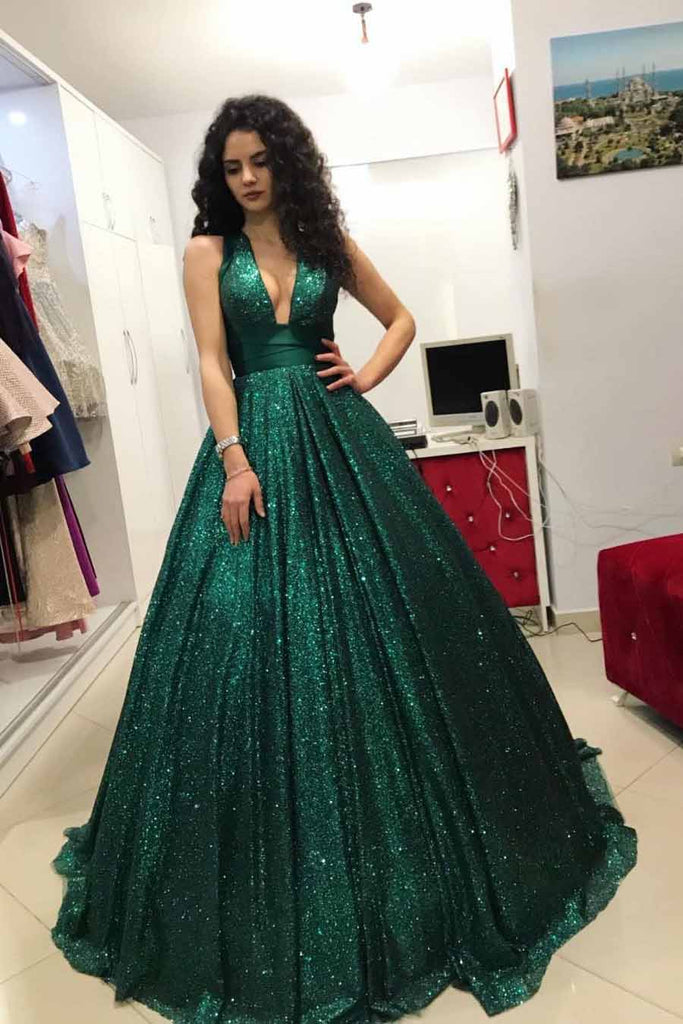 Buy Sparkly Sequins Ball Gown Dark Green V-neck Prom Dress OP724 Buy Sparkly Sequins Ball Gown Dark Green V-neck Prom Dress OP724