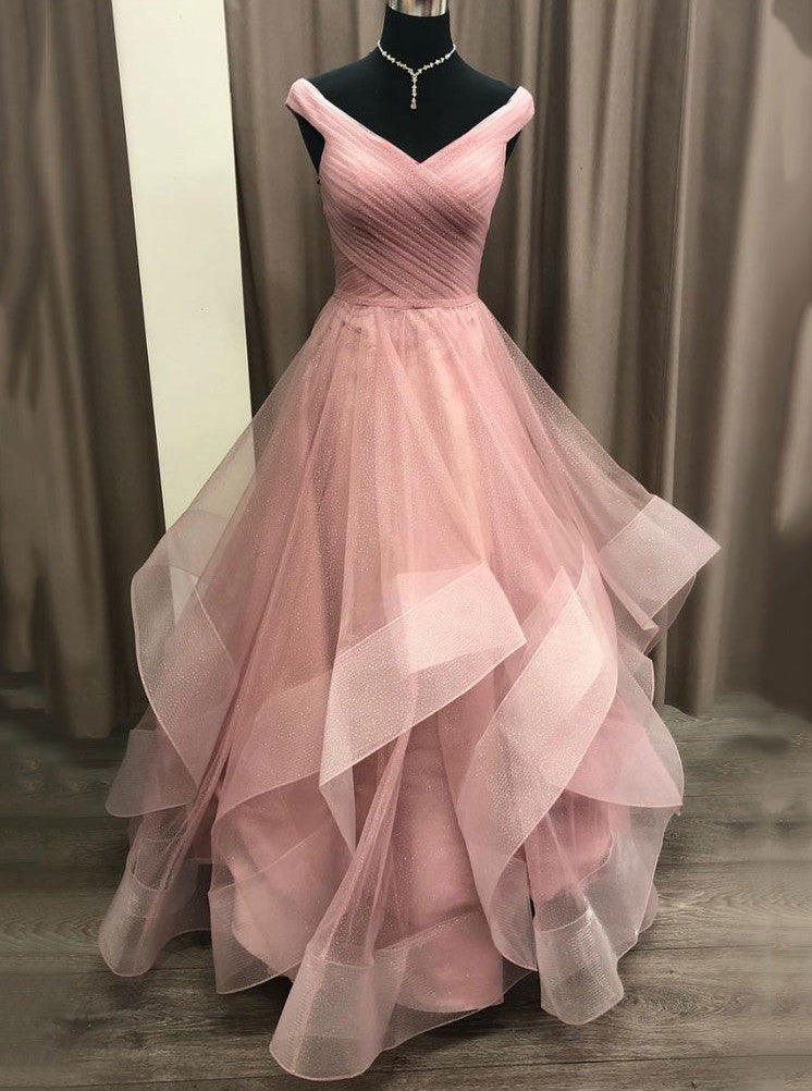 Off the shoulder cheap pink prom dress