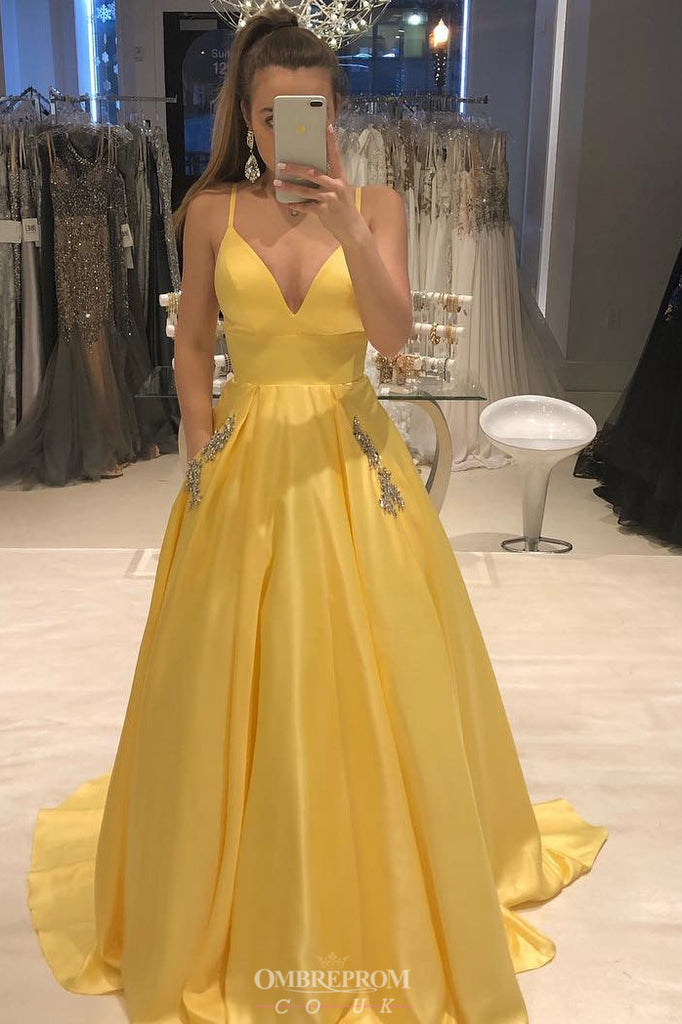 Buy Spaghetti-straps V-neck Yellow Satin Prom Dress with Beaded Pockets OP738 Buy Spaghetti-straps V-neck Yellow Satin Prom Dress with Beaded Pockets OP738