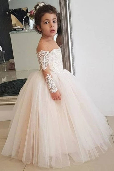 A Line Round Neck Long Sleeves Tulle Flower Girl Dress OF139