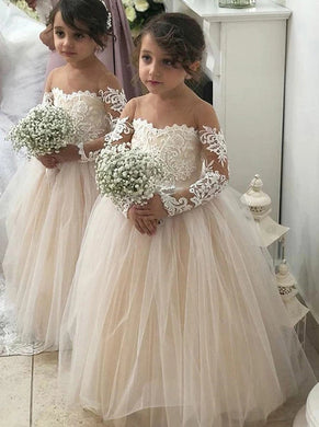 A Line Round Neck Long Sleeves Tulle Flower Girl Dress OF139