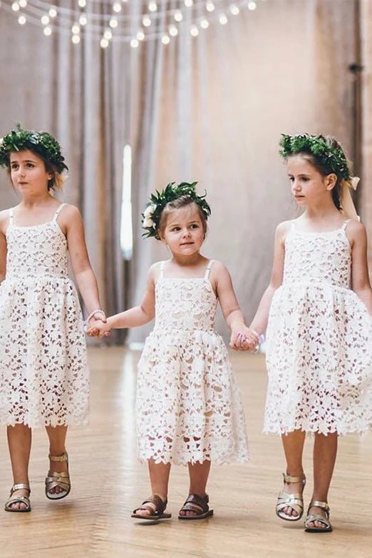 Cute A Line Spaghetti Straps Tea Length Lace Flower Girl Dress OF140