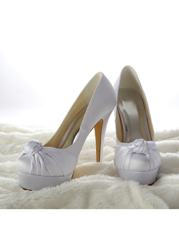 White Wedding Shoes Satin Stiletto Heel Pumps With Ruched OS138