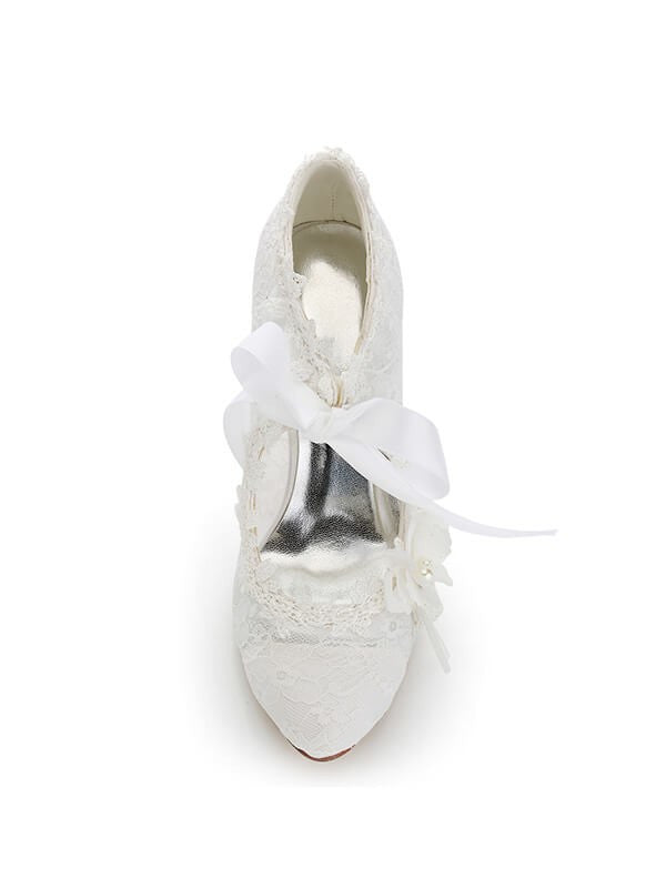 White Lace Wedding Shoes PU Closed Toe Stiletto Heel OS127