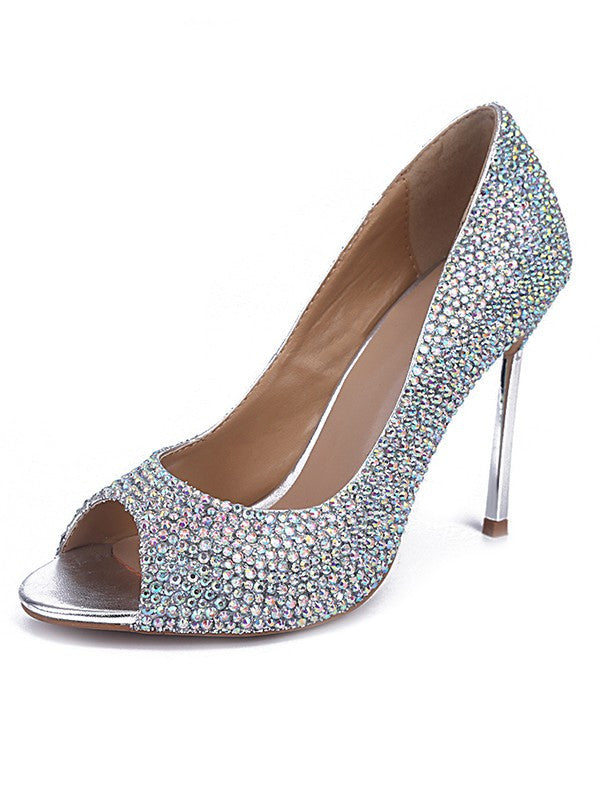 Rhinestone High Heels Sheepskin Peep Toe Stiletto Heel OS130