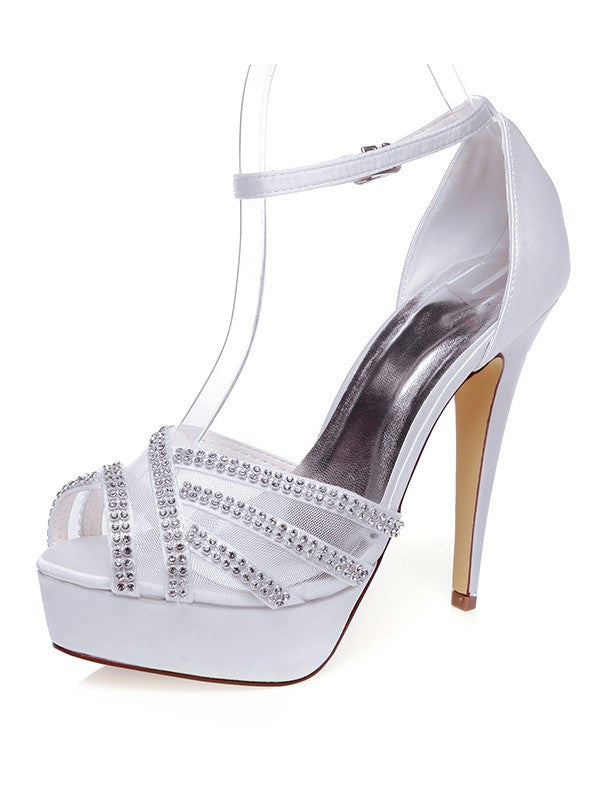 White Wedding Shoes Satin Peep Toe Stiletto Heel With Rhinestones OS125