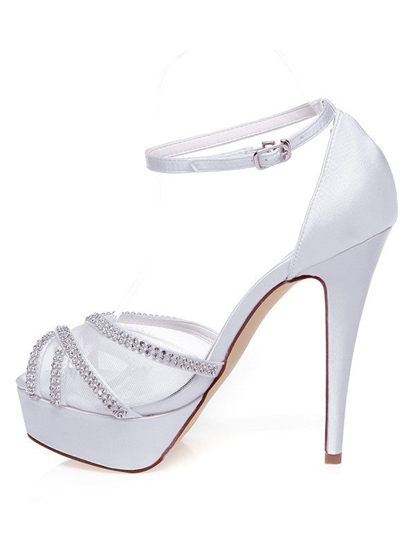 White Wedding Shoes Satin Peep Toe Stiletto Heel With Rhinestones OS125