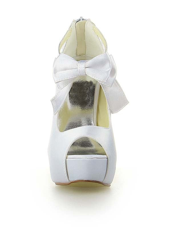 Satin PU Peep Toe Spool Heel Bowknot Wedding Shoes OS123