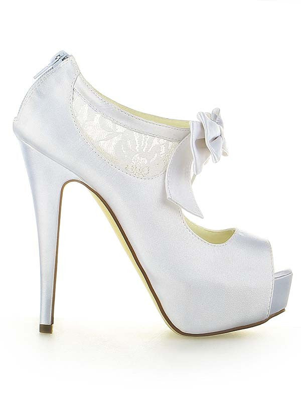 Satin PU Peep Toe Spool Heel Bowknot Wedding Shoes OS123