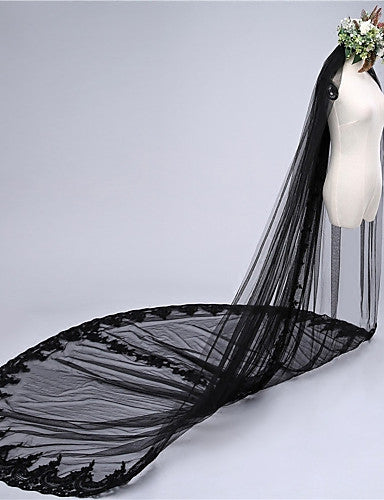 Black Wedding Veil One-tier Lace Applique Edge Bridal Chapel Veils OV10