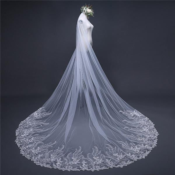 Cheap Elegant Long Wedding Veils Tulle Appliques OV2