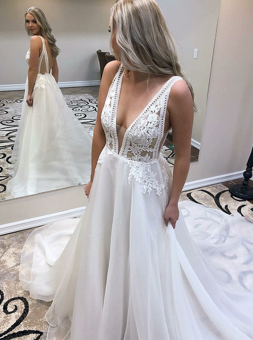 Chiffon Deep V-Neck Long Wedding Dress With Lace Appliques OW425