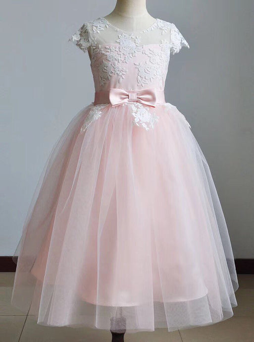 Cute A-line Scoop Lace Tulle Pink Flower Girl Dress With Bowknot OF137