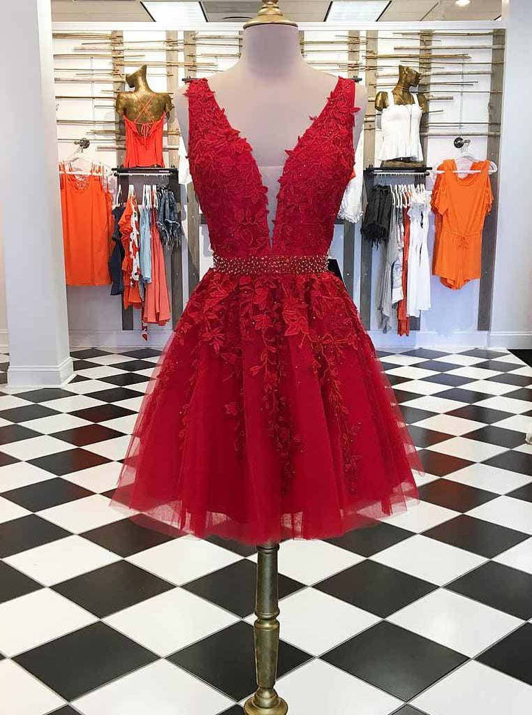 Buy A-line V Neck Lace Short Prom Dresses Red Graduation Homecoming Dresses OM216 Buy A-line V Neck Lace Short Prom Dresses Red Graduation Homecoming Dresses OM216