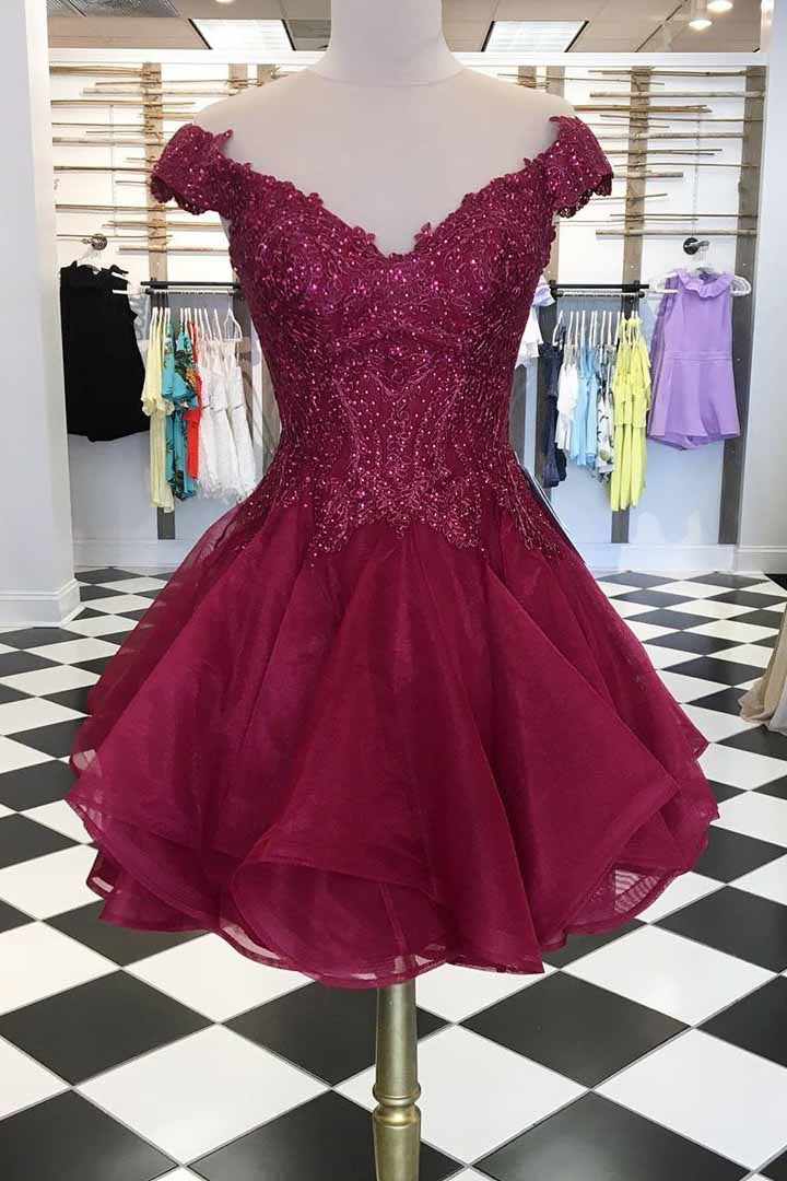 Cap Sleeves V Neck Beads Short Prom Dress Maroon Homecoming Dress OM221