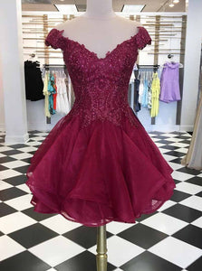 Cap Sleeves V Neck Beads Short Prom Dress Maroon Homecoming Dress OM221