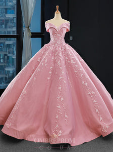 Princess Pink Ball Gown Off-the-Shoulder Appliques Prom Dress OP793