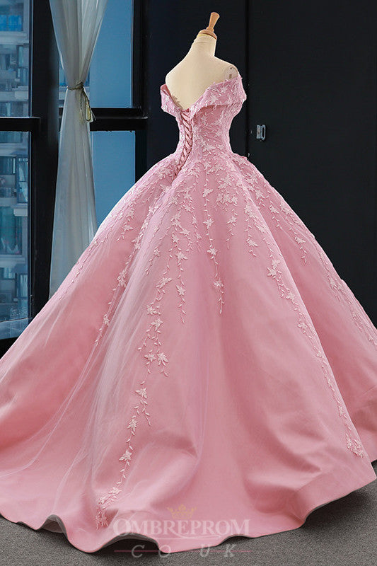 Princess Pink Ball Gown Off-the-Shoulder Appliques Prom Dress OP793