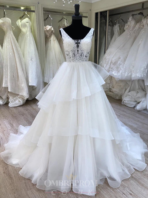 A-Line V-neck Layered Bridal Gown Lace Appliques Wedding Dress OW468
