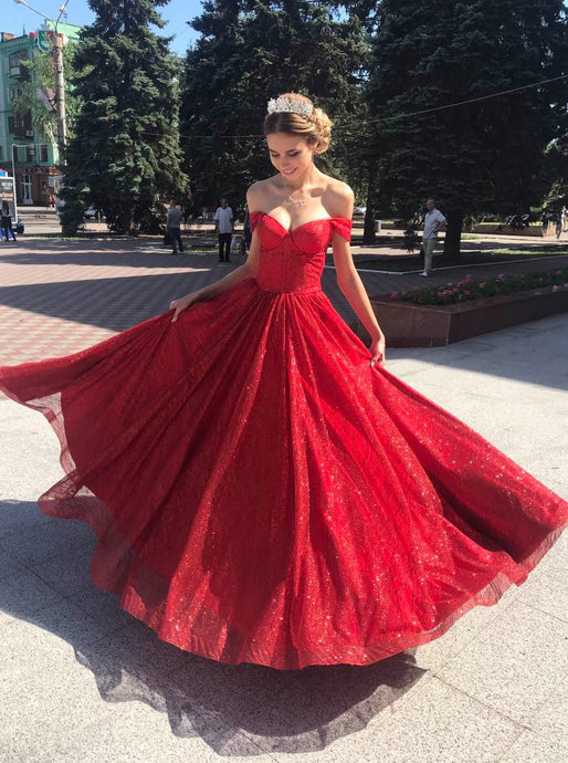 Sparkly Off Shoulder Red Long Prom Dress Glitter Evening Dresses PO010